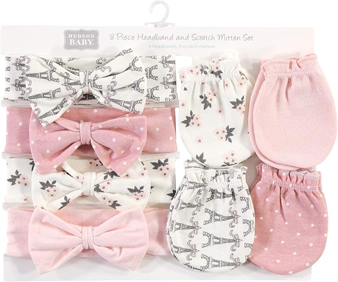 Hudson Baby baby-girls Cotton Headband and Scratch Mitten Set