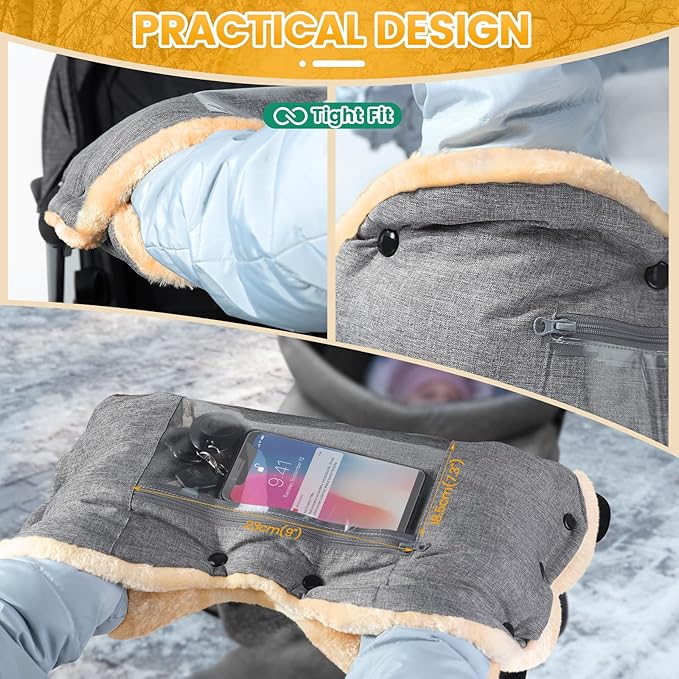 Orzbow Faux Sheepskin Gloves with Phone Pockets, Winter Extra Thick Mittens for Baby Stroller, Cozy & Warm, Anti-Freeze Hand Muff Easily Attaches to Stroller for Parents & Caregivers, Gray