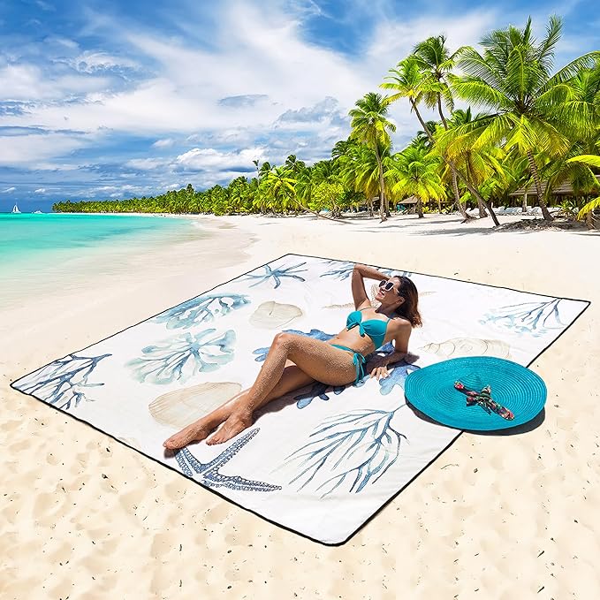 Beach Blanket Waterproof Sandproof Beach Mat 79" X 83"/10'x9'for 2-8 Adults Quick Drying Outdoor Picnic Mat Beach Accessories for Travel, Camping, Hiking