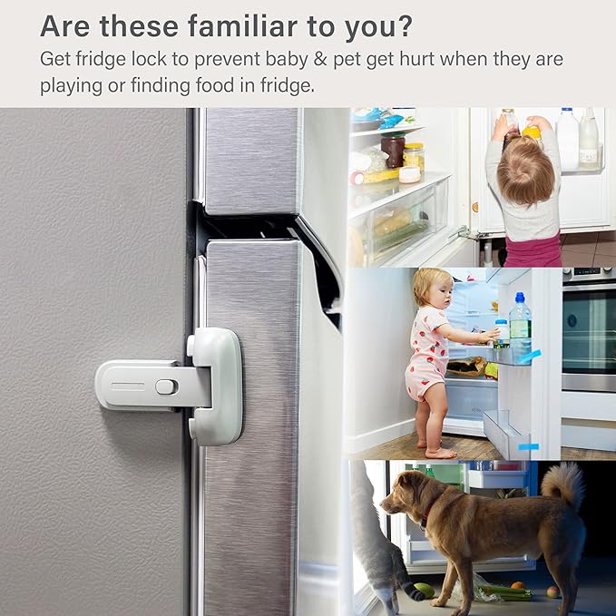 Fridge Lock, Refrigerator Lock for Kids, Freezer Latches to Keep Door Closed, One-Handed Operation, Strong Adhesive Tapes Included, 2 Pack, Grey
