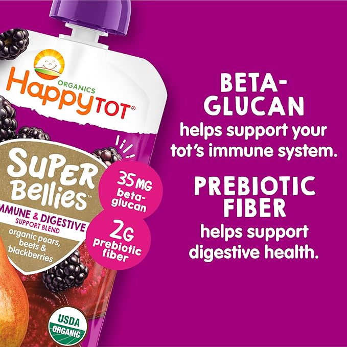 HAPPYTOT Organics Stage 4 Baby Food Pouches, Gluten Free, Vegan Snack, Super Bellies, Fruit & Veggie Puree, Pears, Beets & Blackberries 4 Ounce (Pack of 16)