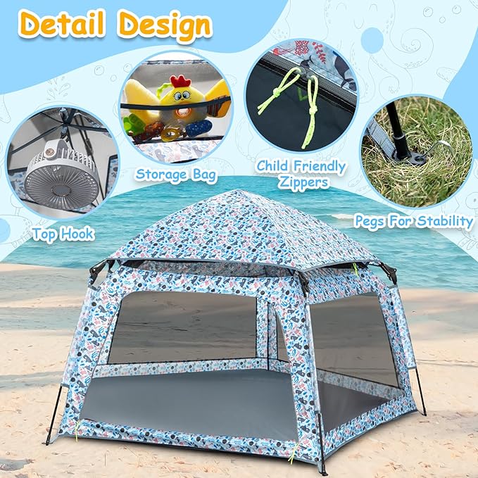 Baby Playpen Pop-up Tent - Outdoor & Indoor Play Tent for Beach with Canopy Travel Bag Portable Play Yard for Babies & Toddlers (Ocean)
