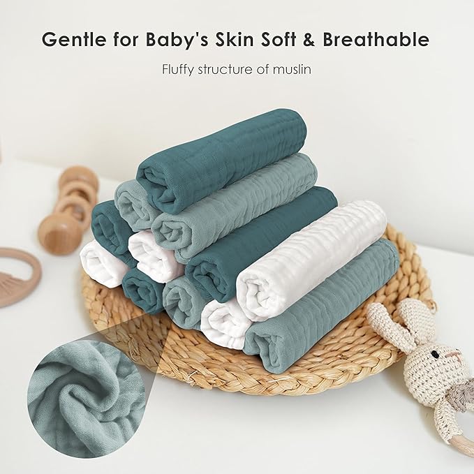 Sunny zzzZZ Baby Muslin Washcloths -100% Cotton Muslin Soft Baby Bath Wash Cloths and Absorbent Burp Cloths for Newborns Kids Girls and Boys -12 Pack, 12x12 Inches - White+Light Emerald Series