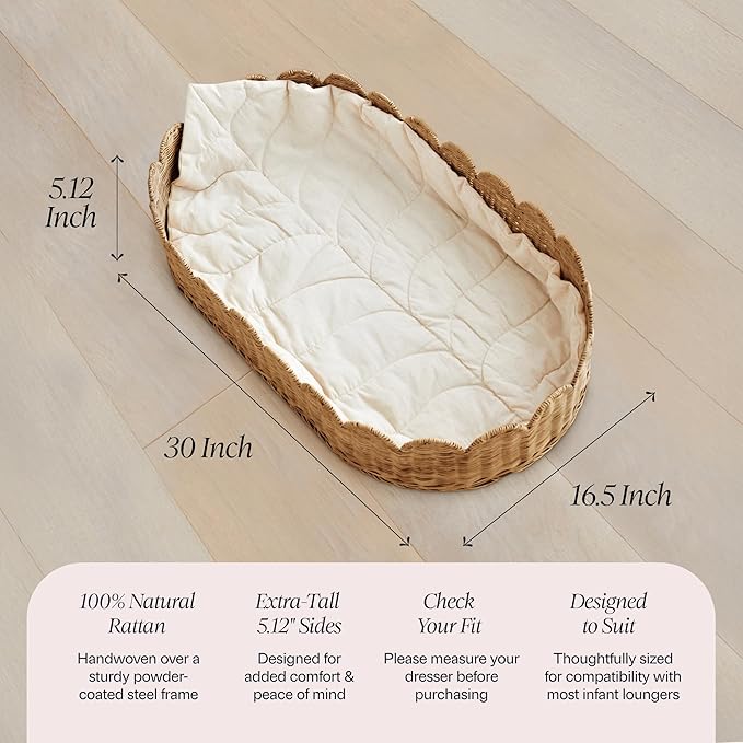 BEBE BASK Premium Baby Changing Basket - Artisan-Crafted Scalloped Rattan - Changing Basket for Baby Dresser - All Accessories Included - Complete Set for Nursery (Mocca)
