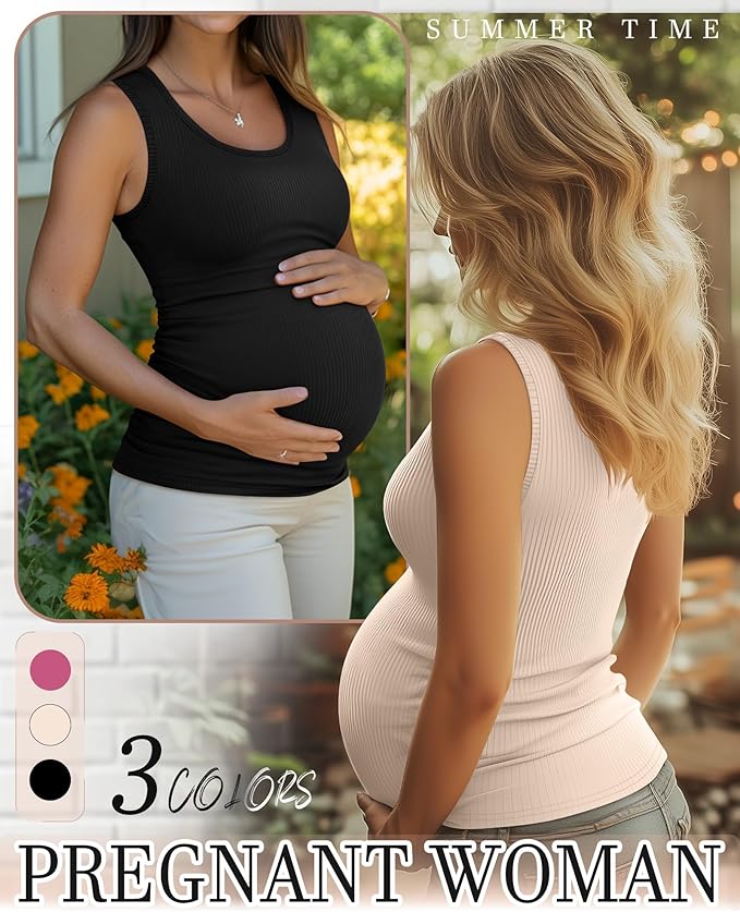 Riyiper 3 Pack Women's Maternity Tank Tops, Sleeveless Cotton Pregnancy Shirts Ribbed Knit Sides Ruched Basic Mama Clothes