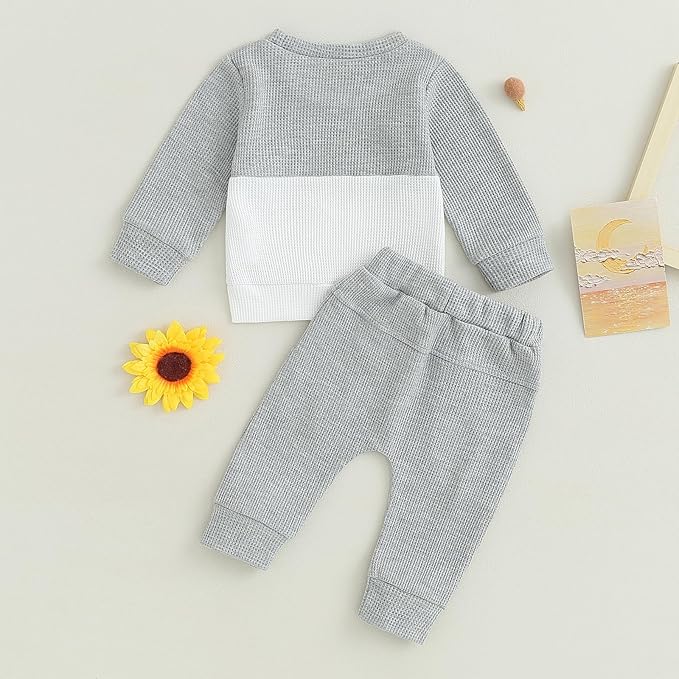 Toddler Baby Boy Fall Outfit Long Sleeve Crew Neck Contrast Color Sweatshirt Top Pant Cute Newborn Infant Waffle Clothes