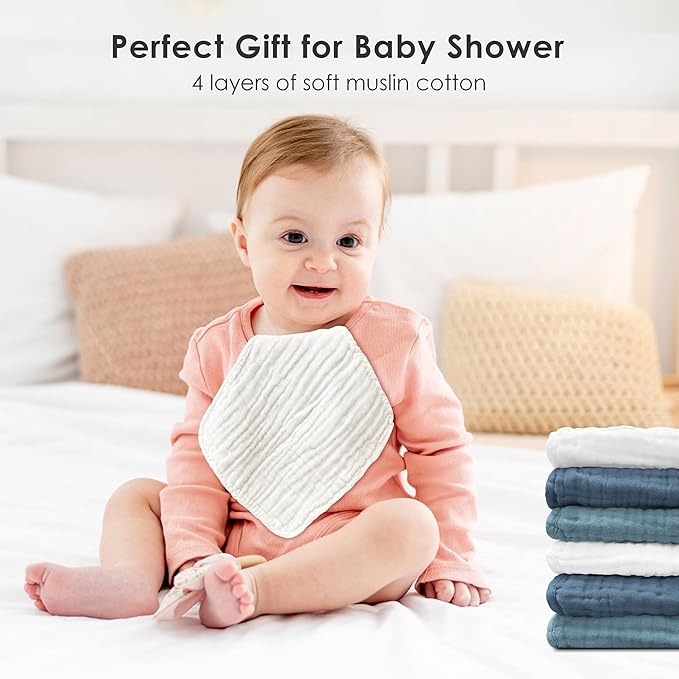 Sunny zzzZZ Baby Muslin Washcloths -100% Cotton Muslin Soft Baby Bath Wash Cloths and Absorbent Burp Cloths for Newborns Kids Girls and Boys -12 Pack, 12x12 Inches - White+Light Navy Series