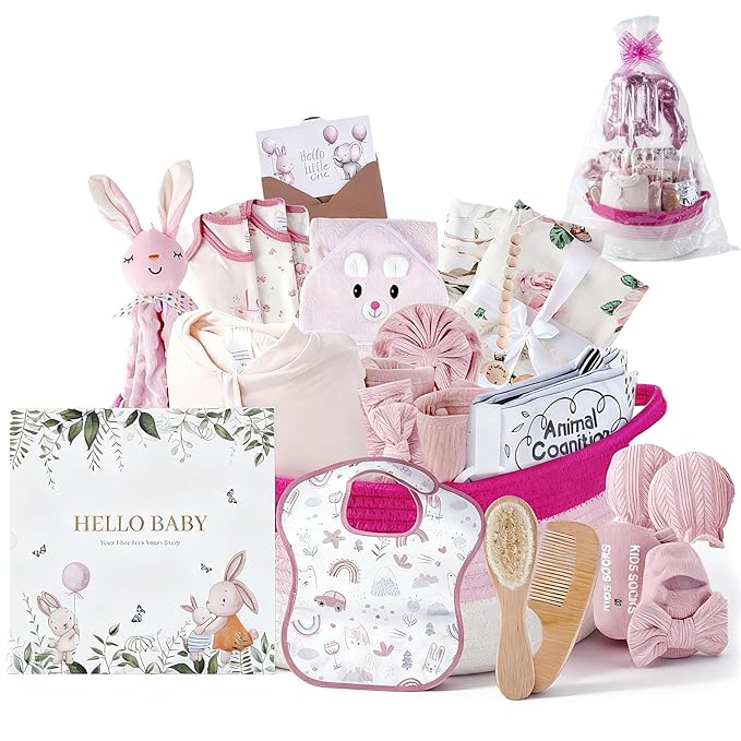 25-Pcs Luxury Baby Girl Gift Basket Set, Pink (0-12M Newborn) | Premium Baby Shower Gifts with Keepsake Memory Book. Ultimate Newborn Essentials in Woven Basket for Unforgettable Welcome Mom Gift