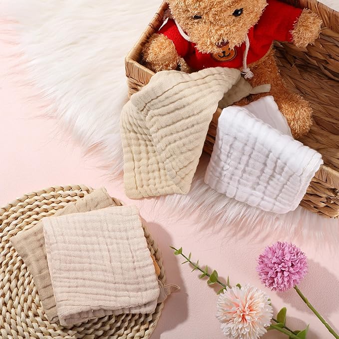 8 Pcs Baby Washcloths for Newborn 12 x 12 Inch Muslin Face Towels Cotton Absorbent for Delicate Skin Soft Muslin Cloth Reusable Baby Registry as Shower Gift, 4 Colors (Light Color)