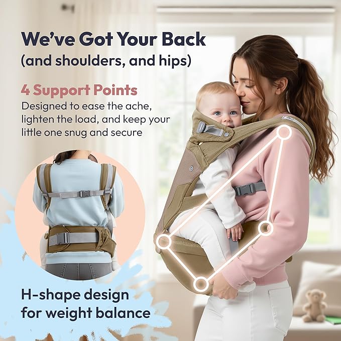 BabbleRoo Grow Carrier – Safety-Certified 6-in-1 Baby Carrier with Hip Seat, Ergonomic & Adjustable Toddler Carrier 7-50 lbs with Hip Support, Hood for Sun Protection, Newborn to Toddler, Warm Taupe