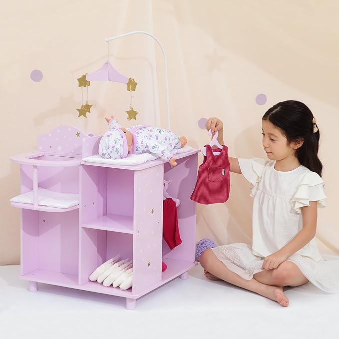 Olivia's Little World Baby Doll Changing Station with Built-in Baby Doll High Chair, Closet, Shelves, Sink, Overhead Mobile, & Baby Doll Clothing Hangers for up to 18 Inch Dolls, Purple Stars