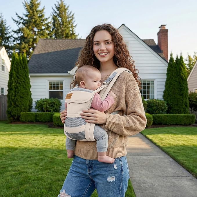 Baby Carrier Newborn to Toddler(7-30lbs), Toddler Carrier with Adjustable Shoulder Strap, Baby Holder Carrier with Breathable Mesh Fabric, Beige