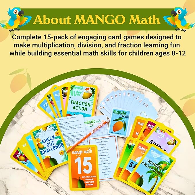 MANGO Math 15® - Math Flash Cards - Educational Math Games for Kids - Multiplication, Division, Fractions Learning Kit -2nd 3rd 4th Grades - Kids 6-12 - Set of 15 Games - English Version