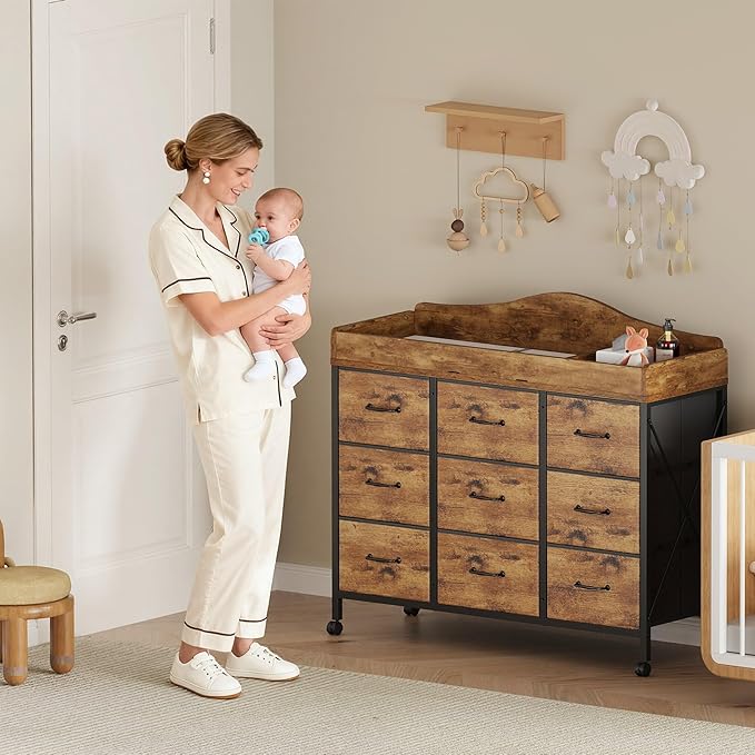 Baby Changing Table with 9 Fabric Drawers, Waterproof Diaper Changing Station & Pad, Mobile Nursery Diaper Changing Table, Baby Furniture, Bedroom, Rustic Brown