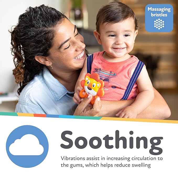 Nuby Vibe-eez Vibrating Teether - Battery Powered - Textured Surface and Easy to Grasp Toy for Baby Teething Relief - 3+ Months - Lion