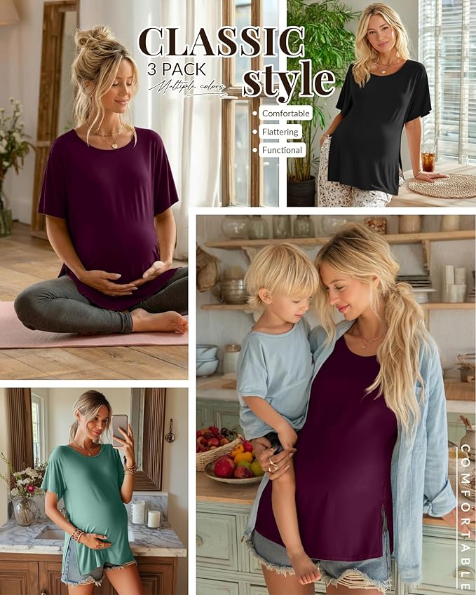 Riyiper 3 Pack Women's Maternity Tunic Shirts Cotton Summer Pregnancy Clothes Loose Oversized Split Side Blouse Tops