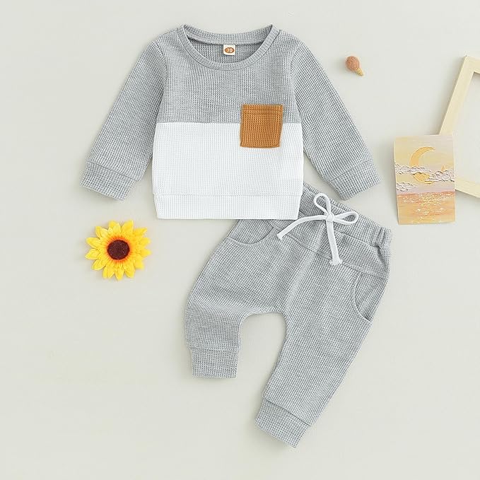 Toddler Baby Boy Fall Outfit Long Sleeve Crew Neck Contrast Color Sweatshirt Top Pant Cute Newborn Infant Waffle Clothes