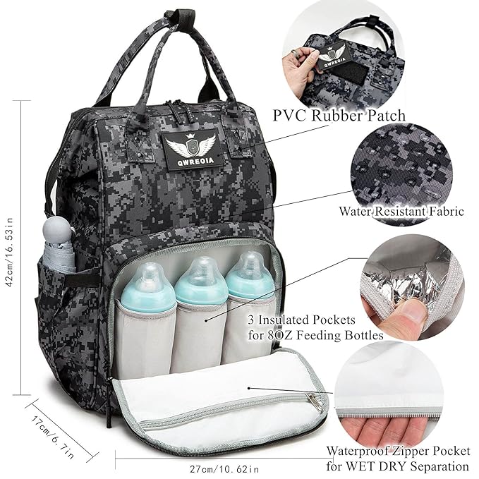 Diaper Bag Backpack with USB Charging Port Stroller Straps and Insulated Pocket,army military Travel Nappy Backpack for Dad/Mom (Black Camo)