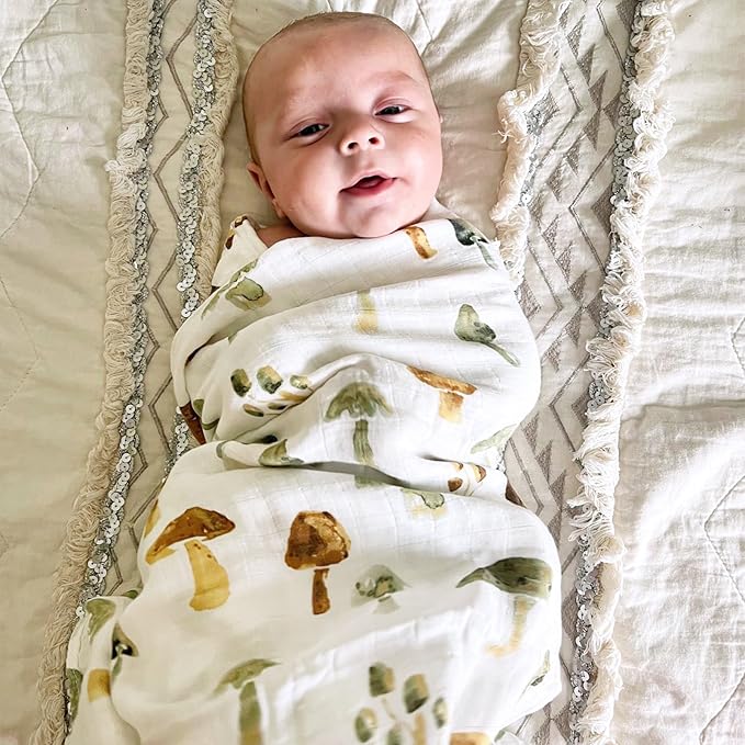 LifeTree Muslin Swaddle Blankets, Baby Swaddling Blanket for Boys Girls, Super Soft 70% Viscose from Bamboo and 30% Cotton, Large 47" x 47", Checkered & Mushroom, Newborn Baby Registry