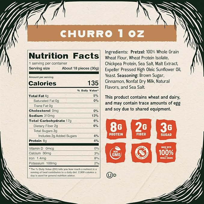 Kindling Protein Pretzels - Churro| Protein-Packed Snack Size Bags | Kosher | 8-9g Protein Per Serving | No Artificial Flavors, Soy-Free | Lunches, Office Snacks, & On-the-Go | 16-Count (1.06oz Bags)