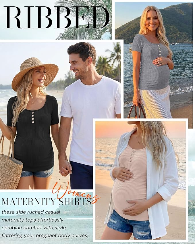 4 Pack Womens Maternity Shirts Scoop Neck Cotton Short Sleeve Ribbed Pregnancy Top Henley Side Ruched Mama Clothes