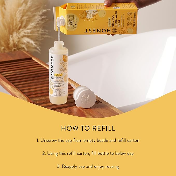The Honest Company 2-in-1 Cleansing Shampoo Body Wash Refill Carton, Gentle for Baby, Naturally Derived, Tear-free, Hypoallergenic, Citrus Vanilla Refresh, 32 fl oz, (Pack of 2)