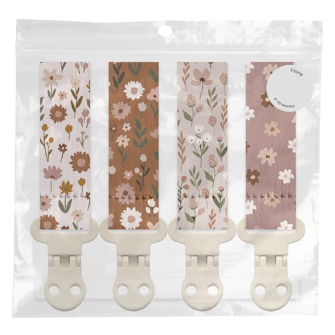 Stadela Baby Pacifier Clip Holder - Girl or Boy Unisex 4 Pack Gift Set – Boho Modern Neutral Floral Beige Yellow Brown Colors (Flora)