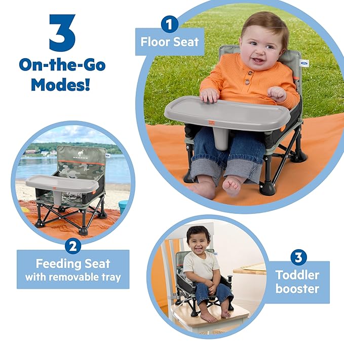 Bright Starts Ford Bronco Pop 'N Sit Portable Booster Chair, Floor Seat, Indoor/Outdoor Use, Compact Fold, Camo Print, 6 Mos - 3 Yrs