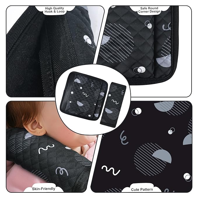 INFANZIA Car Seat Strap Covers for Infants Babies, Soft Carseat Shoulder Pads for Kids, Double-Sided Use Seatbelt Cushion Covers for Stroller, Pushchair & High Chair (Black)