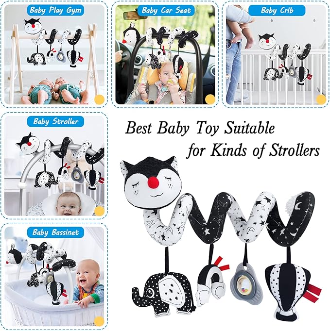 FATI Car Seat Toys for Babies 0-6 Months, Black and White High Contrast Baby Spiral Carseat Toy for Infant 0-3, 3-6 Newborn, Stroller Toys for 0 3 6 9 12 Months Baby Ideal Gift