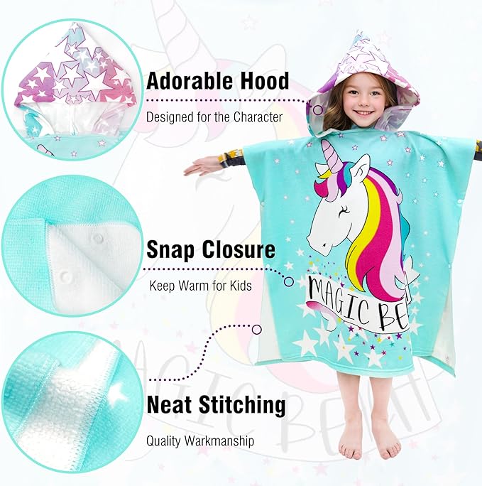 Hooded Kids Beach Towels - Toddler Bath Towel Girls Boys Swim Cover-ups for Ages 4 to 10 Kids Pool Towels Quick Dry Lightweight Soft Microfiber Poncho 30x30 with Bag (Aqua Unicorn)