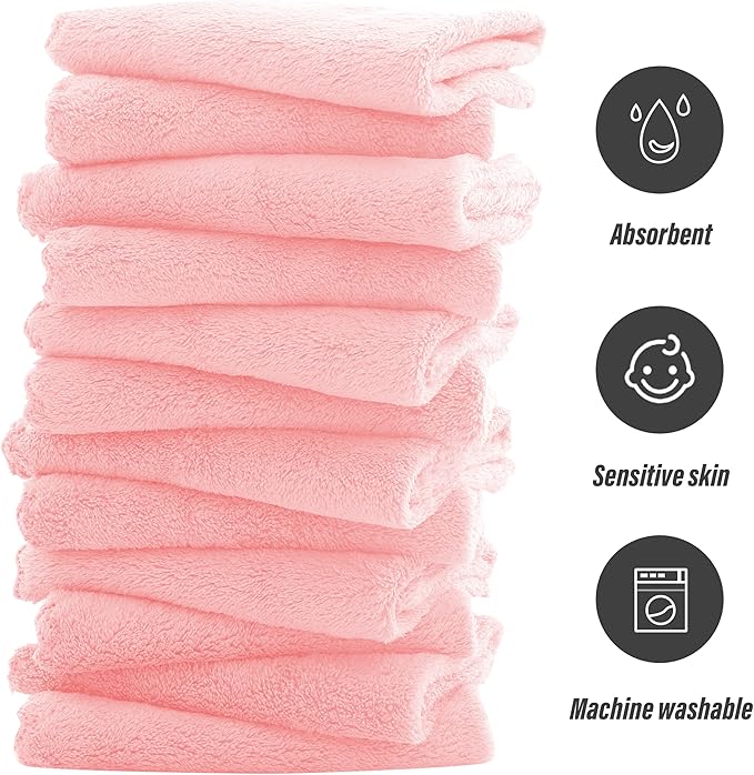 Sunny zzzZZ Ultra Soft 24 Pack Baby Washcloths - 10x10 Inches - Coral Fleece Extra Absorbent Wash Clothes for Babies, Infants and Toddlers - Sensitive Skin and Newborn - Ideal Baby - Pink