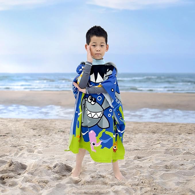 Hooded Kids Beach Towels - Toddler Bath Towel Girls Boys Swim Cover-ups for Ages 4 to 10 Kids Pool Towels Quick Dry Lightweight Soft Microfiber Poncho 30x30 with Bag (Navy Sharks)