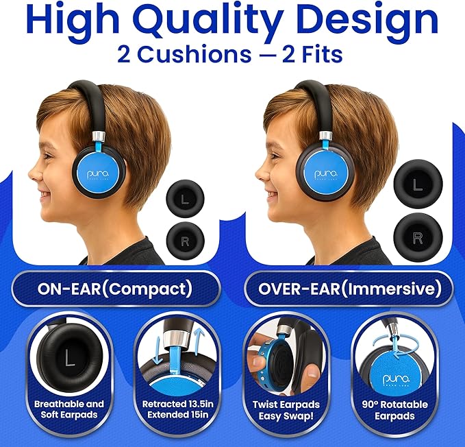 Puro Sound Labs Kids Wireless Headphones – Volume-Limiting 85dB, Built-In Mic, Studio-Grade Sound, 20-Hour Battery Life, Comfortable Fit & Easy to Connect Kids Bluetooth Headphones – BT2200 Plus, Blue