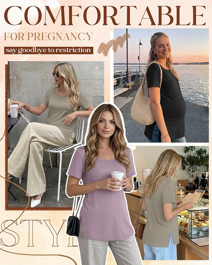 3 Pack Women's Maternity Shirts Short Sleeve Round Neck Side Split Pregnancy Tops Loose Summer Casual Mama Clothes