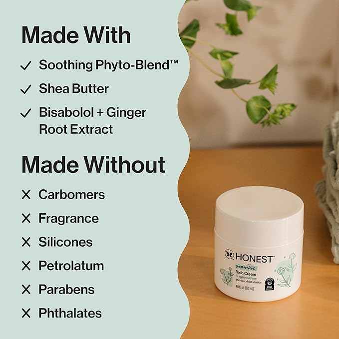 The Honest Company Sensitive Skin Rich Cream, Shea Butter, Blend of Bisabolol + Ginger Root Extract, Safe for Baby's Sensitive Skin, Dermatologist Tested, Hypoallergenic, Fragrance Free, EWG Verified