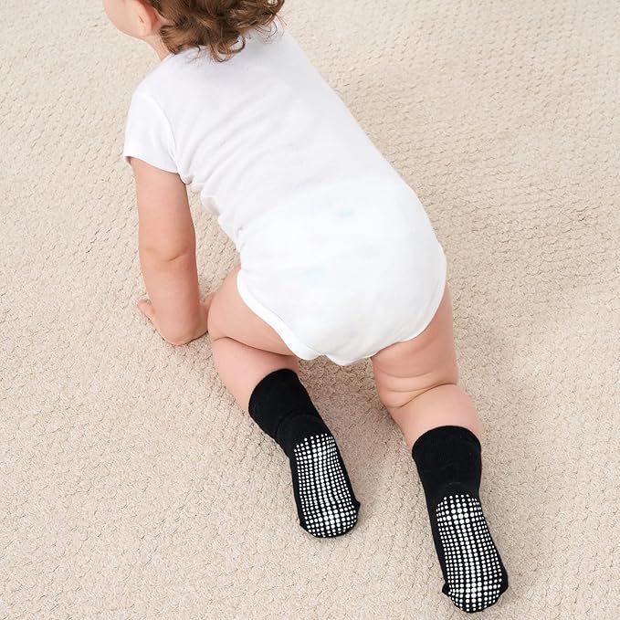 ZAPLES Baby Non Slip Grip Crew Socks with Anti Skid Soles for Infants Toddlers Kids Boys Girls