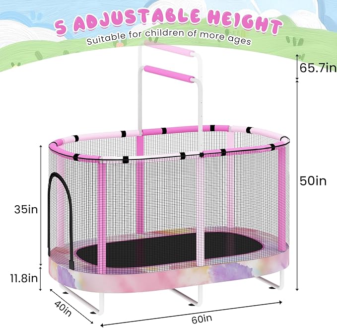 LAMERGE 55" 7-in-1 Round Trampoline for Kids Boys & Girls Ages 1-8, Indoor & Outdoor Trampoline for Fun, Adjustable Height Handrail ＆ Enclosed Safety Net ＆ Durable Designs for Toddlers Children
