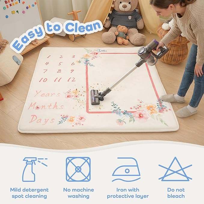 1.3" Thick Playmat for Floor, 50 x50 Monthly Milestone Mat, Padded Support Soft Plush Nursery Mats for Crawling Kick Activity, Flannel Photography Background Prop for Grils