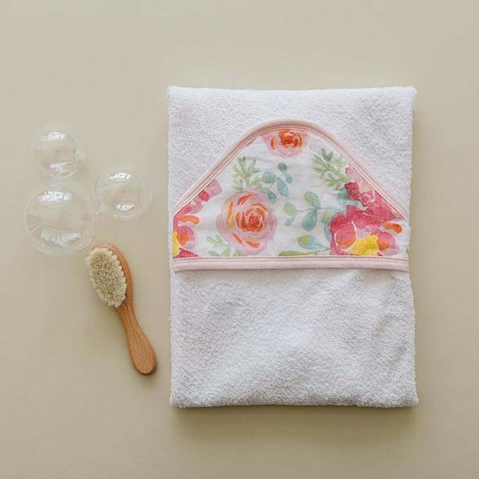Featherhead™ 5-Piece 100% Cotton Muslin Hooded Bath Towel & Washcloths Set for Baby Girl - Ultra Soft and Extra Absorbent - Newborn Essential & Perfect Baby Registry Gift (Garden Floral)
