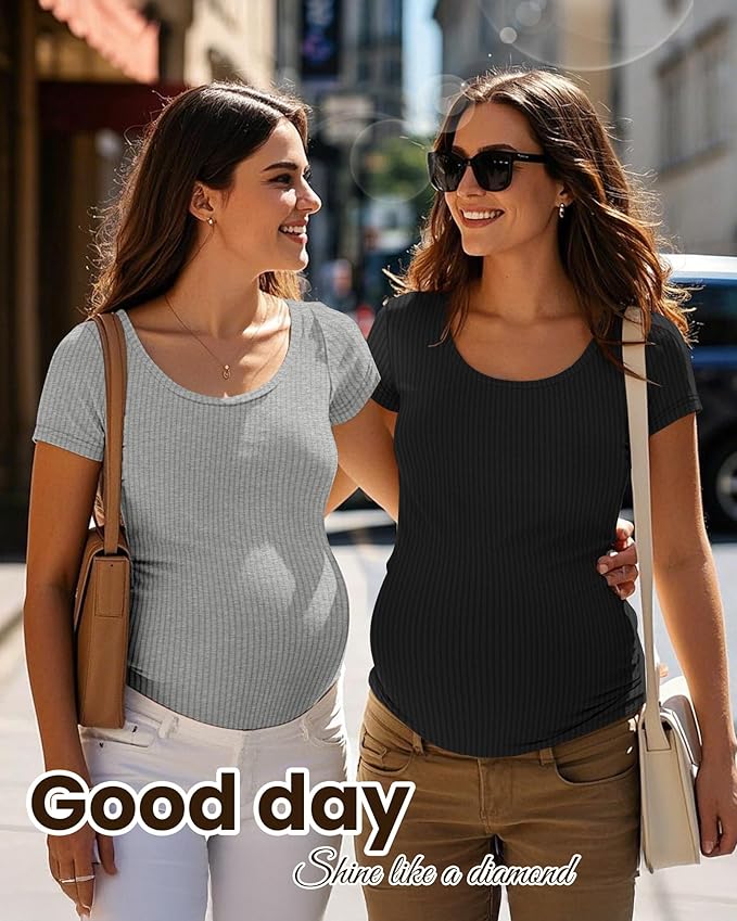 Neer 3 Pack Women's Ribbed Maternity Tops Pregnancy Round Neck Shirts Short Sleeve Soft Maternity Clothes for Mama