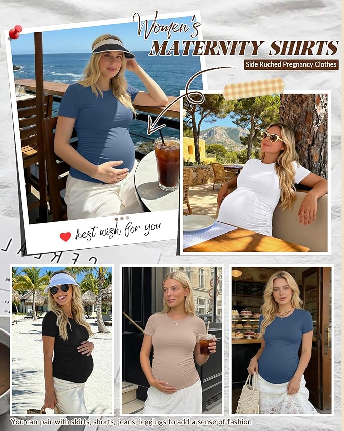 Huukeay 4 Pack Women's Maternity Shirts, Crew Neck Maternity Top Short Sleeve Casual Cotton Tee Side Ruched Pregnancy Clothes