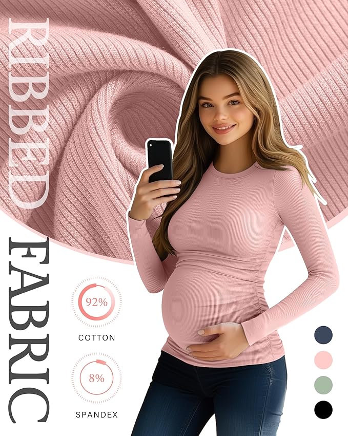 Ficerd 4 Pack Women's Maternity Shirts Cotton Long Sleeve Ribbed Crew Neck Pregnancy Tops Side Ruched Casual Mama Clothes
