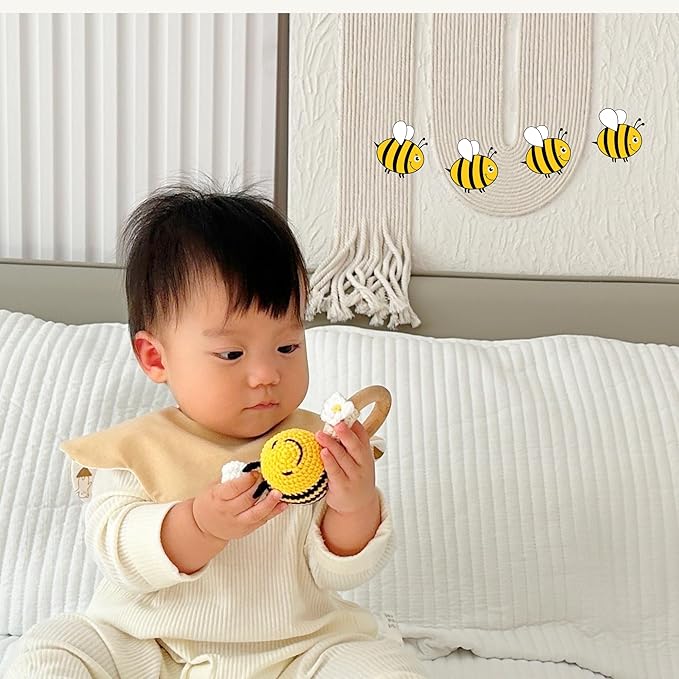 DICHA Crochet Bee Baby Rattle - Sensory Toy for Babies - Ideal for Baby Shower - Includes Beech Teething Ring