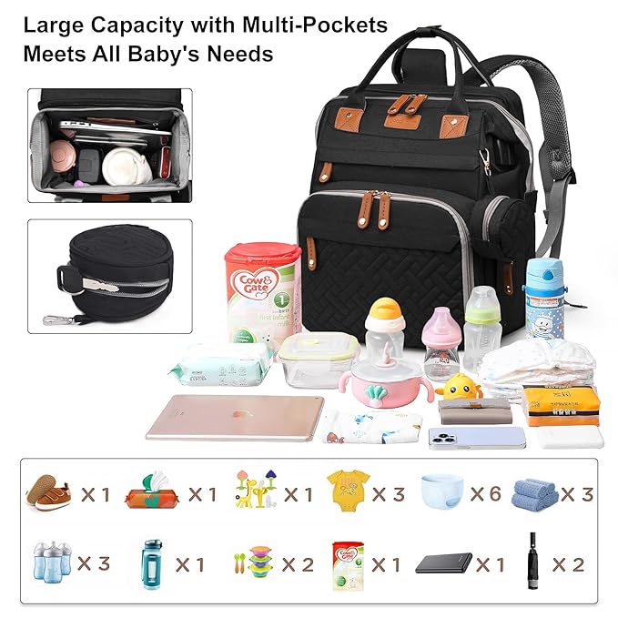 Baby Diaper Bags with Changing Station Multifunctional Waterproof Diaper Bag Backpack Travel Baby Bag with Changing Pad, Pacifier Case,Baby Essentials(Black)