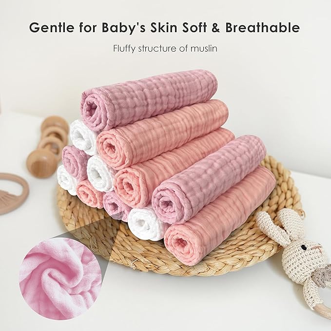Sunny zzzZZ Baby Muslin Washcloths -100% Cotton Muslin Soft Baby Bath Wash Cloths and Absorbent Burp Cloths for Newborns Kids Girls and Boys -12 Pack, 12x12 Inches - White+Light Sakura Series