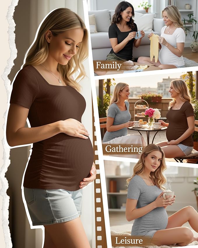 Huukeay 4 Pack Women's Maternity Shirts Cotton Ribbed Short Sleeve Square Neck Pregnancy Tops Side Ruched Summer Tee