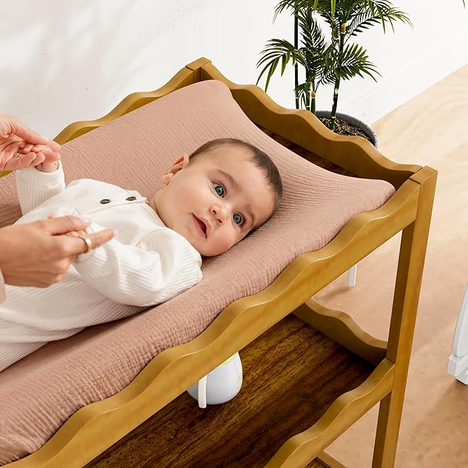 Baby Changing Table, Portable Changing Table, Compact and Lightweight, Solid New Zealand Pinewood, Two Storage Wave-Shaped Shelves, Nursery Organizer, Dark Wood