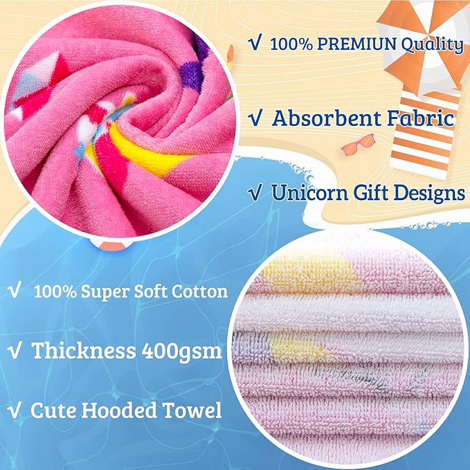 VOOVA & MOVAS Hooded Towels for Kids 3-8 Years, 30''X50, Soft Thick Cotton | Absorbent Beach, Bath, Pool Swim Towels | Cover up for Girls | Pink Floral Unicorn