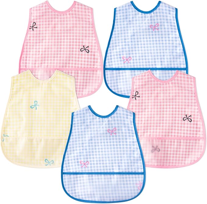R HORSE 5Pcs Baby Bibs Set Toddler Bibs with Crumb Catcher Pocket & Snap Button Waterproof Baby Feeding Bibs for 6-24 Months